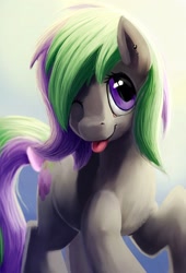 Size: 1024x1508 | Tagged: safe, artist:camyllea, oc, oc only, oc:grape grass, species:earth pony, species:pony, female, mare, one eye closed, raised hoof, solo, tongue out, wink