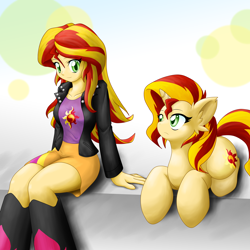 Size: 2000x2000 | Tagged: safe, artist:ragurimo, character:sunset shimmer, species:pony, species:unicorn, my little pony:equestria girls, clothing, cute, human ponidox, looking at each other, ponidox, prone, self ponidox, shimmerbetes, simple background, sitting, wrong eye color