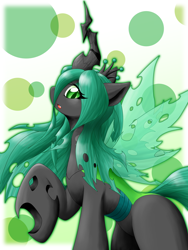 Size: 1500x2000 | Tagged: safe, artist:ragurimo, character:queen chrysalis, species:changeling, changeling queen, eyeshadow, female, green changeling, looking at you, makeup, raised hoof, solo