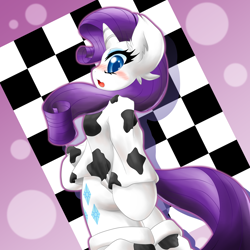 Size: 2000x2000 | Tagged: safe, artist:ragurimo, character:rarity, species:pony, blushing, bottomless, clothing, covering, cowprint, eyeshadow, female, looking at you, looking back, makeup, partial nudity, semi-anthro, solo