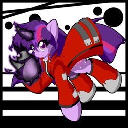 Size: 2000x2000 | Tagged: safe, artist:ragurimo, character:twilight sparkle, species:pony, blazblue, clothing, cosplay, costume, female, glowing horn, jacket, looking at you, magic, ragna the bloodedge, raised hoof, smiling, solo