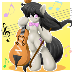 Size: 2000x2000 | Tagged: safe, artist:ragurimo, character:octavia melody, species:pony, abstract background, bipedal, bow, bow tie, cello, female, looking at you, music notes, musical instrument, semi-anthro, smiling, solo, standing