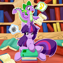 Size: 2000x2000 | Tagged: safe, artist:ragurimo, character:spike, character:twilight sparkle, character:twilight sparkle (unicorn), species:dragon, species:pony, species:unicorn, annoyed, bed mane, book, dialogue, duo, fangs, female, golden oaks library, letter, looking up, mare, messy mane, music notes, open mouth, pony hat, raised eyebrow, singing, sitting, speech bubble, thought bubble