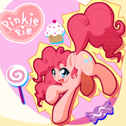 Size: 2000x2000 | Tagged: safe, artist:ragurimo, character:pinkie pie, candy, cupcake, cute, diapinkes, female, food, heart, lollipop, looking at you, open mouth, raised hoof, smiling, solo