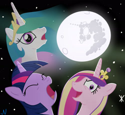 Size: 3000x2750 | Tagged: safe, alternate version, artist:nuka-kitty, character:princess cadance, character:princess celestia, character:twilight sparkle, species:alicorn, species:pony, species:unicorn, mare in the moon, meme, moon, three wolf moon