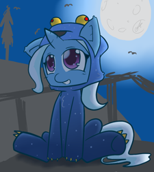 Size: 900x1000 | Tagged: safe, artist:xonitum, character:trixie, species:pony, species:unicorn, clothing, costume, cute, female, filly, happy, kigurumi, mare, moon, night, nightmare night, smiling, solo, ursa minor
