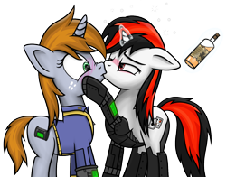 Size: 1302x1020 | Tagged: safe, artist:wellfugzee, derpibooru original, oc, oc only, oc:blackjack, oc:littlepip, species:pony, species:unicorn, fallout equestria, fallout equestria: project horizons, alcohol, blushing, bottle, clothing, cyborg, drunk, drunk bubbles, fanfic, fanfic art, female, floppy ears, glowing horn, hooves, horn, kissing, lesbian, levitation, magic, mare, pipbuck, raised hoof, shipping, simple background, skunk stripe, surprise kiss, telekinesis, transparent background, vault suit, whiskey, wide eyes, wild pegasus
