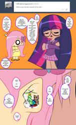 Size: 733x1201 | Tagged: safe, artist:born-to-die, character:fluttershy, character:twilight sparkle, species:human, askadorkabletwi, breasts, christmas lights, christmas tree, clothing, cute, dark skin, delicious flat chest, dialogue, dress, duo, flattershy, glasses, humanized, misspelling, present, skirt, snow, speech bubble, sundress, tree, tumblr