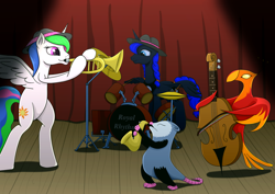 Size: 1754x1240 | Tagged: safe, artist:frenkieart, character:philomena, character:princess celestia, character:princess luna, character:tiberius, species:alicorn, species:pony, bipedal, bow (instrument), cello, clothing, drums, hat, musical instrument, pipe, saxophone, spread wings, trumpet, wings