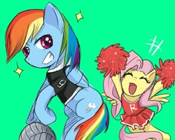 Size: 563x450 | Tagged: safe, artist:yubi, character:fluttershy, character:rainbow dash, species:pegasus, species:pony, cheering, cheerleader, cheerleader fluttershy, colored pupils, cute, duo, eyes closed, female, green background, grin, mare, shyabetes, simple background, smiling