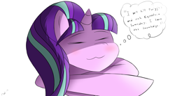 Size: 2000x1100 | Tagged: safe, artist:the4thhomunculus, character:starlight glimmer, species:pony, species:unicorn, :3, blushing, eyes closed, female, simple background, sleeping, smiling, solo, thought bubble, white background, x3