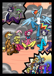 Size: 1550x2200 | Tagged: safe, artist:hoshinousagi, character:applejack, character:barb, character:fluttershy, character:pinkie pie, character:rainbow dash, character:rarity, character:spike, character:twilight sparkle, character:twilight sparkle (alicorn), oc:dusk shine, species:alicorn, species:anthro, species:pony, applejack (male), armpits, bubble berry, butterscotch, clothing, comic, elusive, mane seven, mane six, prince dusk, rainbow blitz, rule 63, sonic the hedgehog (series), sonicified, sweater, sweatershy