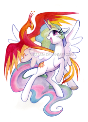 Size: 600x829 | Tagged: safe, artist:miszasta, character:philomena, character:princess celestia, species:pony, bipedal, crown, flying, happy, jewelry, looking at each other, open mouth, regalia, simple background, smiling, spread wings, watermark, white background, wings