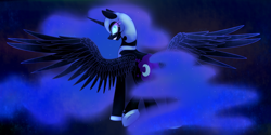 Size: 2000x1000 | Tagged: safe, artist:fanaticpanda, character:nightmare moon, character:princess luna, species:alicorn, species:pony, female, grin, looking back, nightmare moonbutt, plot, smiling, solo, spread wings, wings