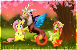 Size: 800x518 | Tagged: safe, artist:karzii, character:discord, character:fluttershy, character:tree hugger, species:draconequus, species:earth pony, species:pegasus, species:pony, cherry blossoms, discord is not amused, flower, flower blossom, signature, sitting, tree, unamused