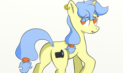 Size: 1156x690 | Tagged: safe, artist:leapingriver, oc, oc only, oc:viewing pleasure, species:pony, species:unicorn, like what you see?, looking back, no pupils, plot, ponytail, raised eyebrow, raised hoof, simple background, smiling, solo, white background
