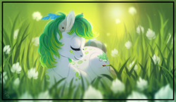 Size: 1983x1148 | Tagged: safe, artist:spirit-alu, oc, oc only, species:earth pony, species:pony, commission, ear piercing, earring, grass, jewelry, ladybug, piercing, sleeping, solo, ych result
