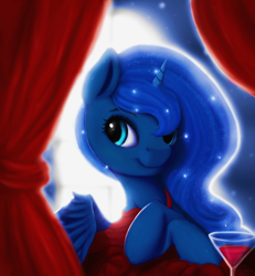 Size: 1200x1300 | Tagged: safe, artist:moondreamer16, character:princess luna, alcohol, backlighting, beautiful, clothing, crossed hooves, curtains, cute, dress, female, full moon, glass, glow, looking at you, looking sideways, lunabetes, moon, red dress, smiling, solo, sparkly mane, wine, wine glass