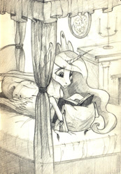 Size: 1097x1589 | Tagged: safe, artist:skyaircobra, character:princess celestia, species:alicorn, species:pony, bed, bedroom, book, candle, crown, crying, female, grayscale, jewelry, mare, monochrome, pencil drawing, pillow, prone, reading, regalia, sad, solo, traditional art