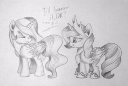 Size: 3189x2151 | Tagged: safe, artist:skyaircobra, character:princess celestia, character:princess luna, species:alicorn, species:pony, angry, cewestia, crown, female, filly, filly celestia, filly luna, jewelry, peytral, regalia, royal sisters, text, traditional art, woona, younger
