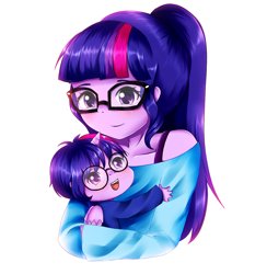 Size: 1000x1025 | Tagged: safe, artist:electricshine, character:twilight sparkle, character:twilight sparkle (scitwi), oc, oc:brilliant light, species:eqg human, species:pony, my little pony:equestria girls, alicornified, bust, clothing, duality, female, glasses, horned humanization, hug, open mouth, ponytail, race swap, scitwilicorn, self adoption, self paradox, simple background, smiling, white background, winged humanization, wings, younger