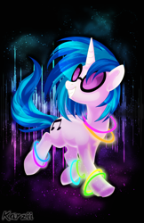 Size: 600x927 | Tagged: safe, artist:karzii, character:dj pon-3, character:vinyl scratch, dancing, female, glow rings, grin, signature, smiling, solo