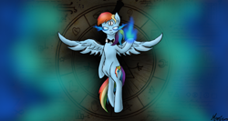 Size: 1024x546 | Tagged: safe, artist:mimicproductions, character:rainbow dash, species:pegasus, species:pony, bill cipher, crossover, disney, female, fire, glowing eyes, gravity falls, looking at you, mare