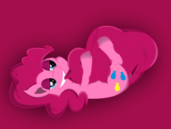 Size: 1024x768 | Tagged: safe, artist:bakanato, character:pinkie pie, species:earth pony, species:pony, biting, female, lidded eyes, mare, on back, tail bite