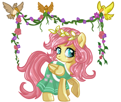 Size: 999x842 | Tagged: safe, artist:schnuffitrunks, character:fluttershy, species:bird, species:pegasus, species:pony, clothing, dress, female, flower garland, folded wings, head turn, looking at you, mare, raised hoof, simple background, solo, standing, transparent background, wings, wreath