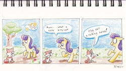 Size: 2476x1393 | Tagged: safe, artist:lost marbles, derpibooru original, character:bon bon, character:derpy hooves, character:sweetie drops, species:pony, cloud, comic, comic strip, nose wrinkle, traditional art, tree, vulgar