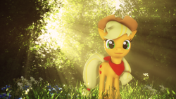 Size: 2560x1440 | Tagged: safe, artist:melodycloud14, character:applejack, species:earth pony, species:pony, 3d, applejack's hat, bandana, clothing, cowboy hat, crepuscular rays, female, forest, hair tie, hair ties, hat, looking at you, mare, neckerchief, scenery, smiling at you, solo