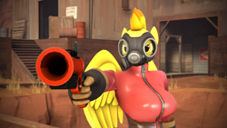 Size: 3840x2160 | Tagged: safe, artist:vanchees, character:spitfire, species:anthro, 3d, bodysuit, breasts, catsuit, female, gas mask, latex, latex suit, mask, pyro, source filmmaker, spitfire pyro, team fortress 2