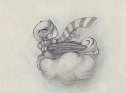 Size: 1721x1272 | Tagged: safe, artist:kimsteinandother, oc, oc only, oc:snowdrop, species:pegasus, species:pony, clothing, cloud, female, mare, older, prone, scarf, solo, traditional art