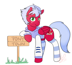 Size: 1280x1168 | Tagged: safe, artist:liziedoodle, oc, oc only, oc:melon frost, pony town, clothing, ear piercing, earring, freckles, grass, hoodie, jewelry, leaning, leaning on sign, piercing, sign, smiling, socks, striped socks