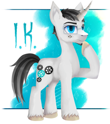 Size: 1665x1885 | Tagged: safe, artist:evescintilla, oc, oc only, species:pony, species:unicorn, abstract background, beard, eyebrows, facial hair, freckles, full body, gears, glasses, male, solo, stallion, unshorn fetlocks