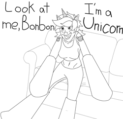 Size: 1552x1498 | Tagged: safe, artist:ac-drawings, artist:mousathe14, character:lyra heartstrings, species:human, askthemanesix, clothing, costume, couch, fake ears, fake horn, female, humanized, monochrome, solo