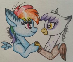 Size: 1825x1542 | Tagged: safe, artist:raritylover152, character:gilda, character:rainbow dash, species:griffon, species:pegasus, species:pony, duo, ear fluff, female, filly, friends, looking at each other, not shipping, simple background, smiling, traditional art, younger