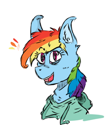Size: 900x1000 | Tagged: safe, artist:jodi sli, character:rainbow dash, chest fluff, clothing, female, hoodie, simple background, smiling, solo