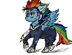 Size: 1300x1000 | Tagged: safe, artist:jodi sli, character:rainbow dash, character:zapp, episode:power ponies, g4, my little pony: friendship is magic, angry, clothing, female, messy mane, simple background, solo