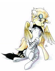 Size: 2370x3058 | Tagged: safe, artist:atomic8497, character:spitfire, oc, oc:sly, species:pegasus, species:pony, species:zebra, bipedal, female, goggles, high res, hug, male, mare, stallion, traditional art, winghug
