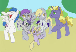Size: 900x619 | Tagged: safe, artist:rannva, character:derpy hooves, character:dinky hooves, character:ponet, character:tornado bolt, oc, oc:trot, species:pegasus, species:pony, species:unicorn, brolly, colt, cousins, cute, dinkabetes, family, female, filly, flutter doo, headcanon, male, mare, offspring, ponetderp, shipping, stallion, straight, whitewash