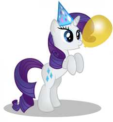 Size: 2000x2150 | Tagged: safe, artist:gratlofatic, character:rarity, species:pony, species:unicorn, :o, balloon, bipedal, clothing, cute, female, hat, mare, open mouth, party hat, raribetes, rearing, simple background, smiling, solo, transparent background, vector