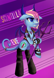 Size: 1017x1468 | Tagged: safe, artist:evescintilla, oc, oc only, oc:eve scintilla, species:pony, abstract background, bat wings, bipedal, clothing, demon, devil horns, devil tail, eyeshadow, fingerless gloves, gloves, horns, imp, jacket, latex, latex boots, leather jacket, makeup, piercing, pitchfork, punk, semi-anthro, smiling, smirk, solo, spiked wristband, tattoo, text, wristband