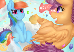 Size: 2300x1600 | Tagged: safe, artist:moondreamer16, character:rainbow dash, character:scootaloo, species:pony, balloon, cloud, confetti, crying, scootaloo can fly, scootalove, tears of joy