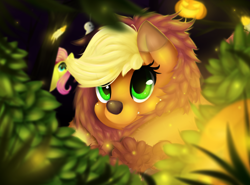 Size: 2300x1700 | Tagged: safe, artist:moondreamer16, character:applejack, character:fluttershy, species:pony, animal costume, applelion, big cat, clothing, costume, cute, duo, female, halloween, holiday, jack-o-lantern, jackabetes, lion, mare, nightmare night, pumpkin, smiling