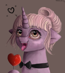 Size: 1700x1900 | Tagged: safe, artist:anuhanele, oc, oc only, species:pony, candy, collar, food, gray background, heart, holiday, licking, lollipop, simple background, solo, tongue out, valentine's day