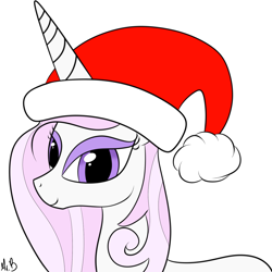 Size: 1200x1200 | Tagged: safe, artist:greseres, character:fleur-de-lis, species:pony, species:unicorn, christmas, clothing, female, hat, holiday, santa hat, simple background, skunk stripe, solo, white background
