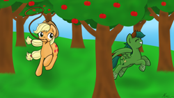 Size: 1024x576 | Tagged: safe, artist:mimicproductions, character:applejack, oc, oc:windy barebow evergreen, species:earth pony, species:pegasus, species:pony, apple, apple tree, bandage, canon x oc, chase, eyes closed, female, food, hoof wraps, lasso, lesbian, mare, mouth hold, rope, running, sweet apple acres, tree