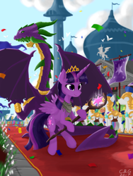 Size: 1536x2048 | Tagged: safe, artist:qzygugu, character:spike, character:twilight sparkle, character:twilight sparkle (alicorn), species:alicorn, species:dragon, species:pony, armor, canterlot, clothing, cloud, crown, female, helmet, jewelry, mare, new crown, older, older spike, regalia, royal guard, scarf, sky, smiling, winged spike