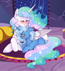 Size: 1200x1308 | Tagged: safe, artist:soft-arthropod, character:princess celestia, character:trixie, species:alicorn, species:pony, species:unicorn, alternate hairstyle, blushing, cuddling, derpyluna daily, eyes closed, female, lesbian, mare, missing accessory, prone, shipping, smiling, trixlestia